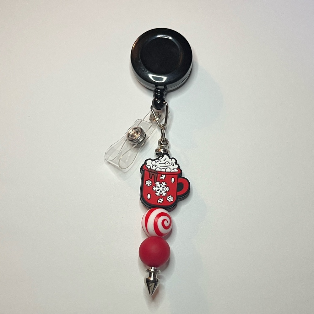 Red and White Christmas Hot Chocolate Focal Beaded Badge Reel